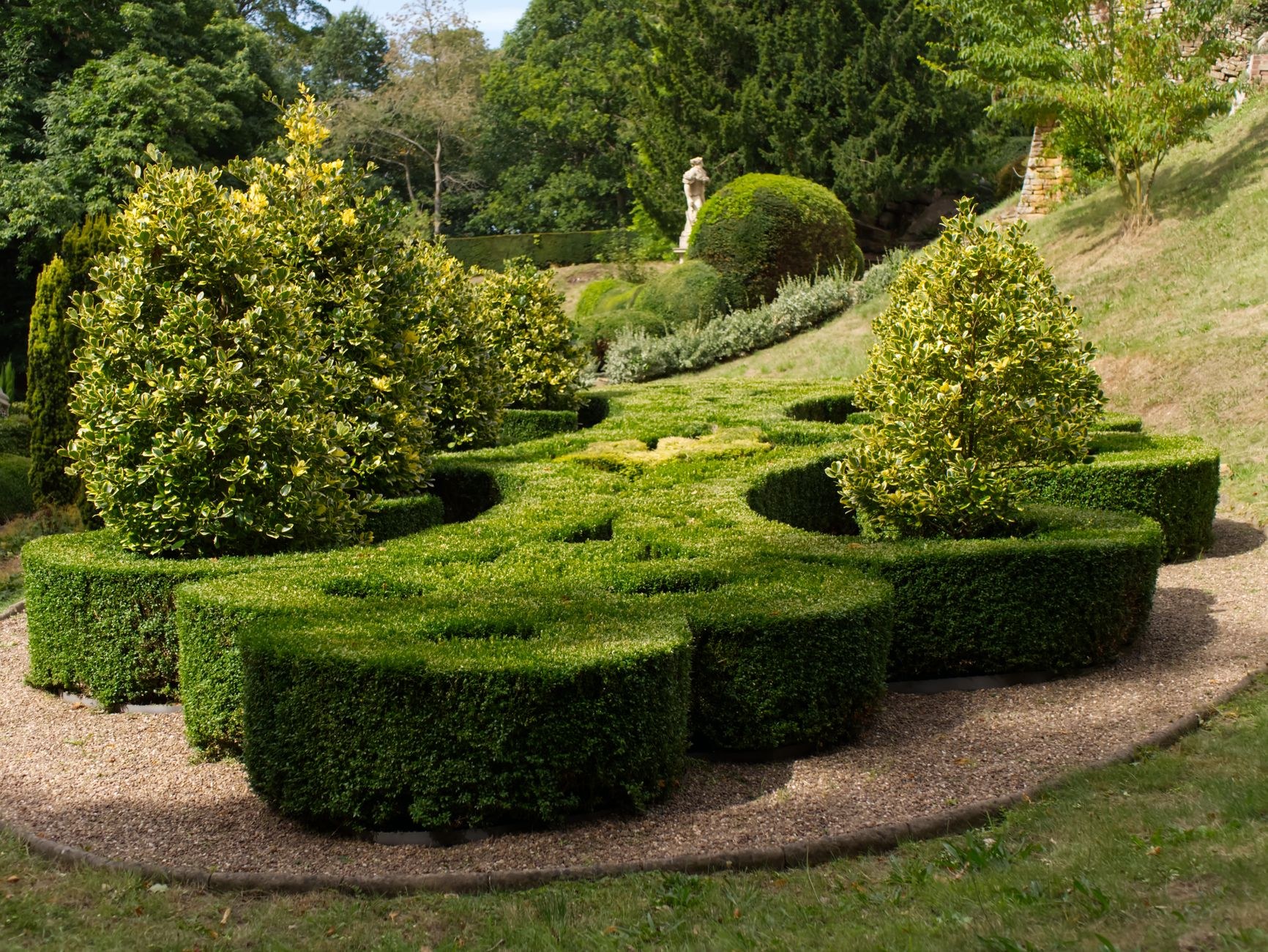 A formal garden path between clipped hedges
