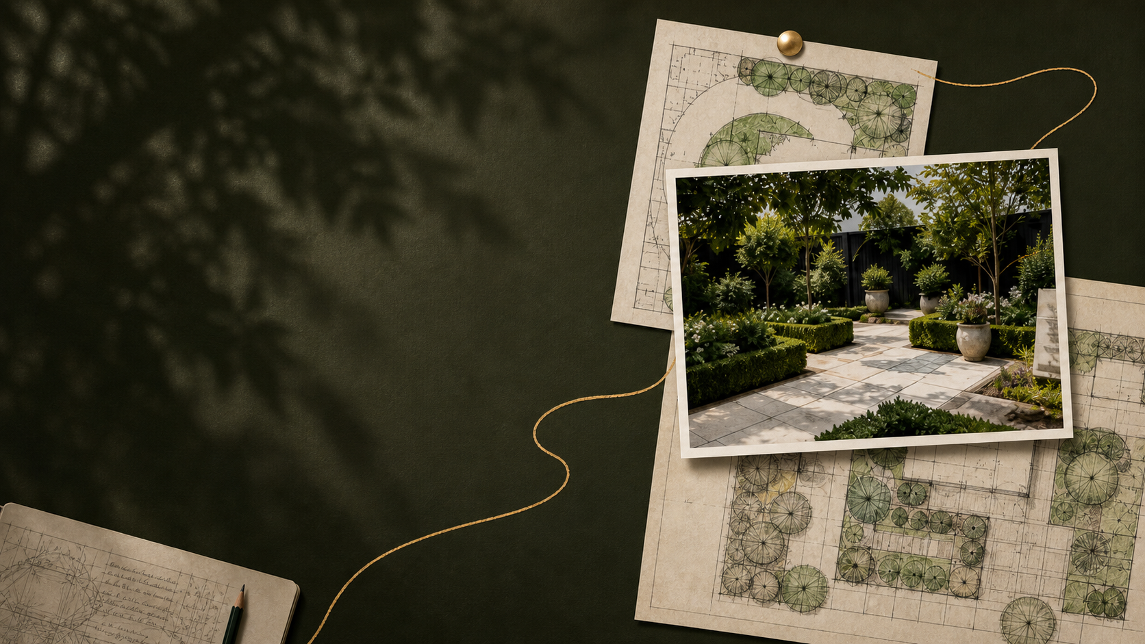 A hand-drawn planting plan beside a photograph of a finished formal garden